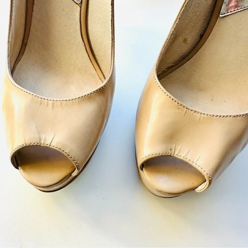 MICHAEL KORS Nude Beige Tan Leather Peep Toe Slingback 5” Heel Pumps Shoes 7 - Picture 6 of 16
